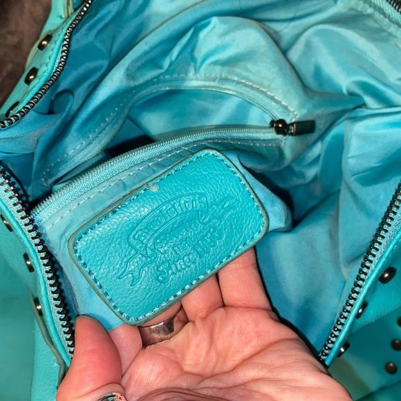 Revolution Turquoise Blue Leather Studded Shoulder Bag Top Handle Purse Tassel - Picture 10 of 13